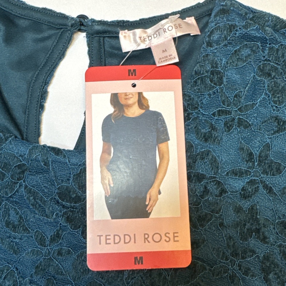 Lace Top Teddi Rose‎ Floral Scalloped Keyhole Short Sleeve Teal Blue Medium - Picture 5 of 7